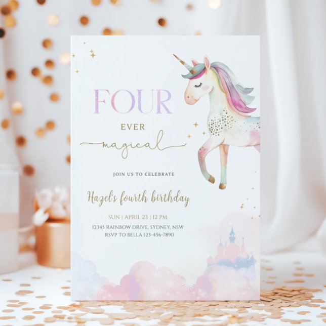 Invitation Four Ever Magical Unicorn 4th Birthday Party (Créateur téléchargé)