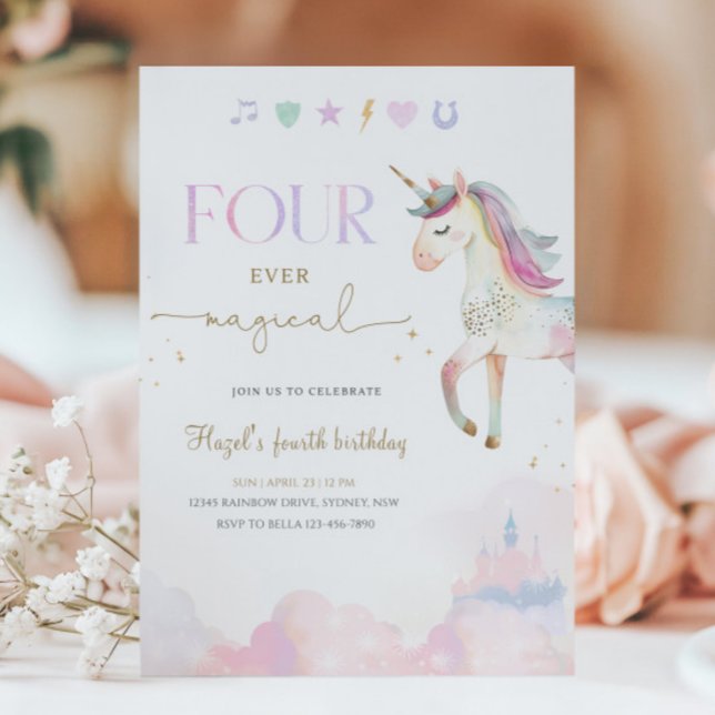 Invitation Four Ever Magical Unicorn 4th Birthday Party (Créateur téléchargé)