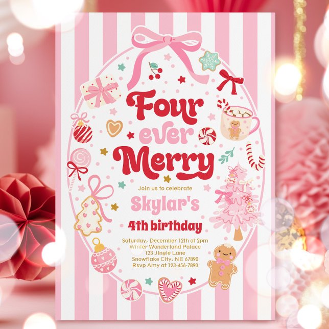 Invitation Four Ever Merry Christmas Bow 4th Birthday (Créateur téléchargé)