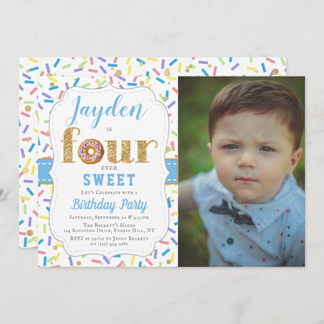 Invitation FOUR ever Sweet Donut Boys 4e anniversaire Invitat (Devant / Derrière)