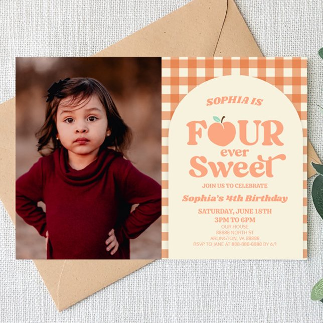 Invitation Four Ever Sweet Peach Photo 4ème anniversaire fête (Créateur téléchargé)