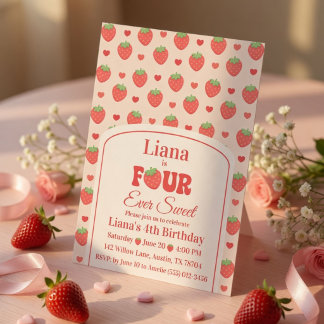 Invitation Four Ever Sweet Pink Strawberry Girl 4e Anniversai