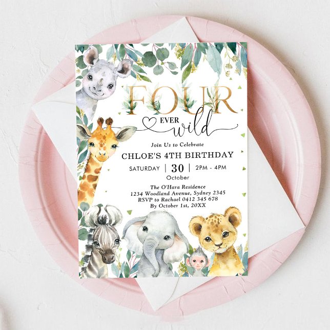Invitation Four Ever Wild Party Animals Boy 4th Birthday (Créateur téléchargé)