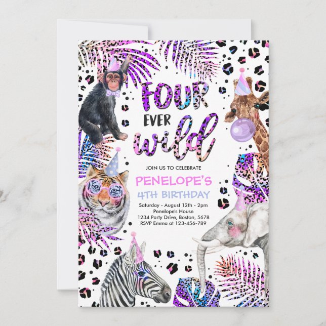 Invitation Four Ever Wild Safari Rainbow Cheetah 4e anniversa (Devant)