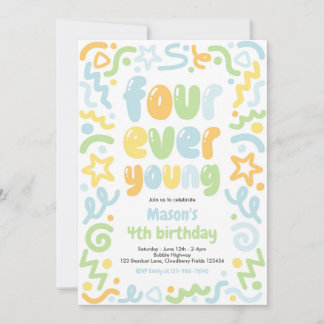 Invitation Four Ever Young Confetti Balloon 4th Birthday 