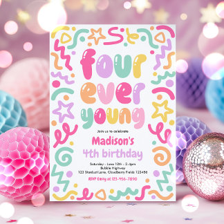 Invitation Four Ever Young Confetti Balloon 4th Birthday 