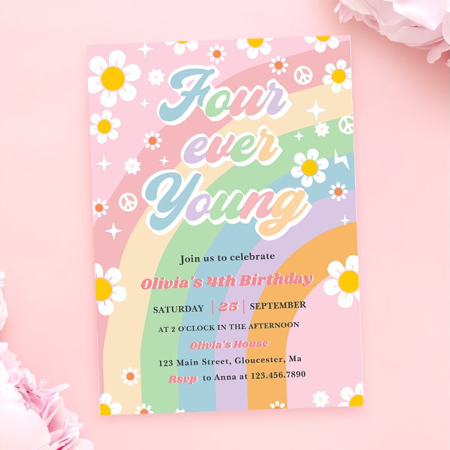 Invitation Four Ever Young Super Daisy Rainbow 4e anniversair (Créateur téléchargé)
