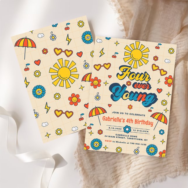 Invitation Four Ever Young Super Retro Daisy 4e anniversaire (Créateur téléchargé)
