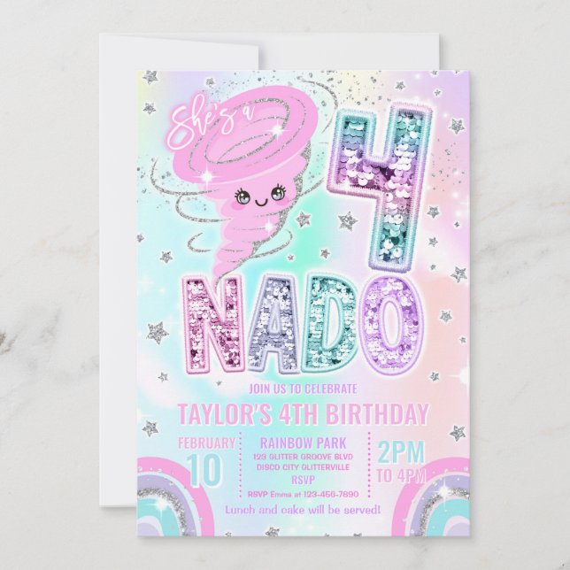 Invitation Four Nado Rainbow Glitter 4th Birthday Party  (Devant)