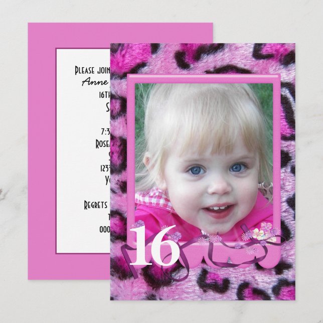 Invitation Fourrure léopard rose 16e anniversaire (Devant / Derrière)