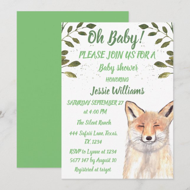 Invitation Fox Bois animaux Green Rustic Baby garçon douche (Devant / Derrière)
