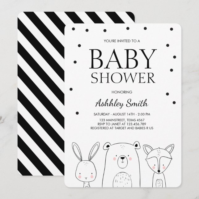 Invitation Fox de forêt d'invitation de baby shower d'animaux (Devant / Derrière)