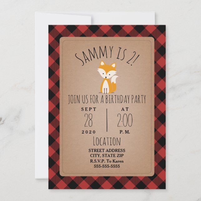 Invitation Fox Lumberjack Plaid fête d'anniversaire (Devant)