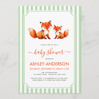 Invitation Fox Mama and Baby Shower Pale Green Stripes Cute
