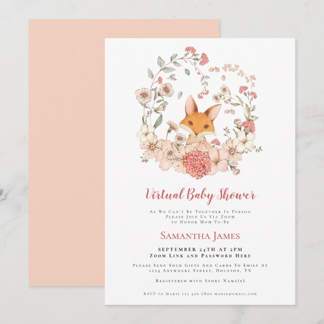 Invitation Fox Vintage Foliage Peach Baby shower virtuel (Devant / Derrière)