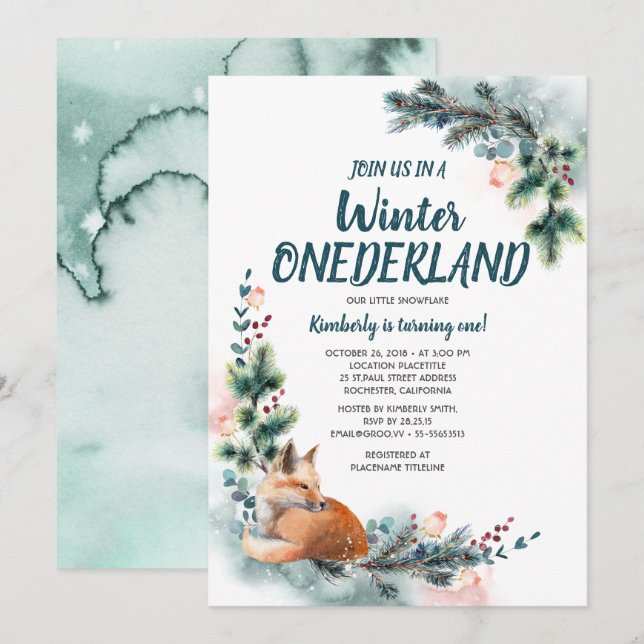 Invitation Fox Woodland Winter Onederland Baby Birthday Party (Devant / Derrière)