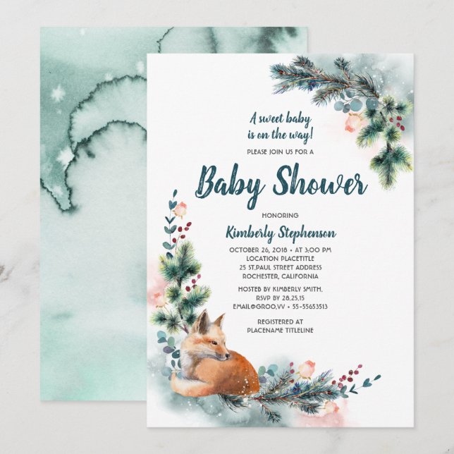 Invitation Fox Woodland Winter Wonderland Baby shower (Devant / Derrière)
