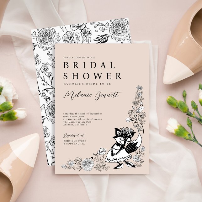 Invitation Foxy Woodland Fox Bride Élégante florale Sketched (Foxy Woodland Fox Bride Elegant Sketched Florals Invitation)