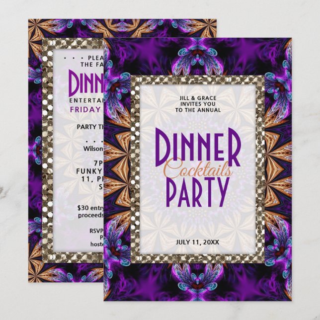 Invitation Fractales Purple Lace Soirée Cocktail Diner (Devant / Derrière)