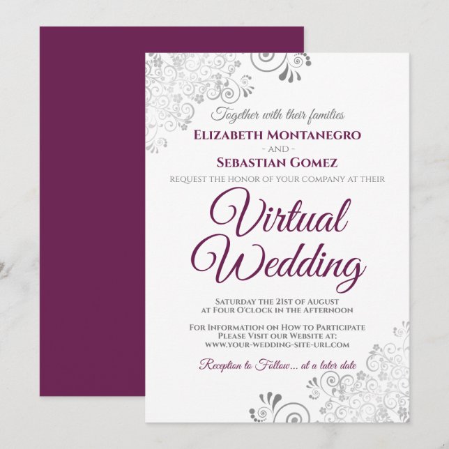 Invitation Fractions argentées Cassis Mariage virtuel blanc v (Devant / Derrière)