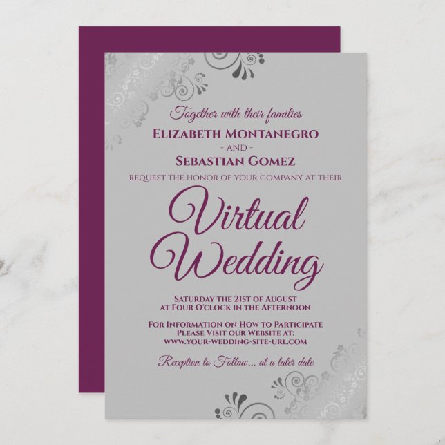 Invitation Fractions d'argent Cassis Mariage virtuel violet e (Devant / Derrière)