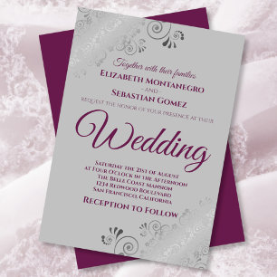 Invitation Fractions d'argent Cassis pourpre sur Mariage gris