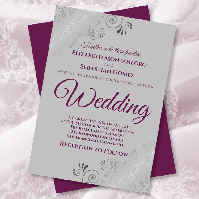 Invitation Fractions d'argent Cassis pourpre sur Mariage gris (Créateur téléchargé)