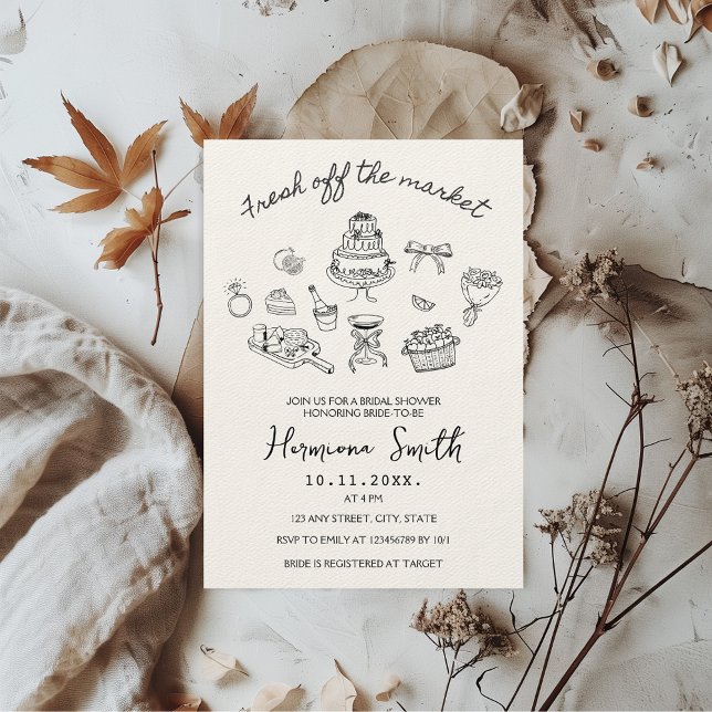 Invitation Fraîche hors du marché Fête des mariées à main (Fresh off the market bridal shower hand drawn invitation)