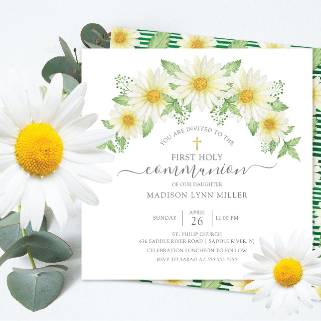 Invitation Fraîche marguerite Rose Floral Première communion (Créateur téléchargé)