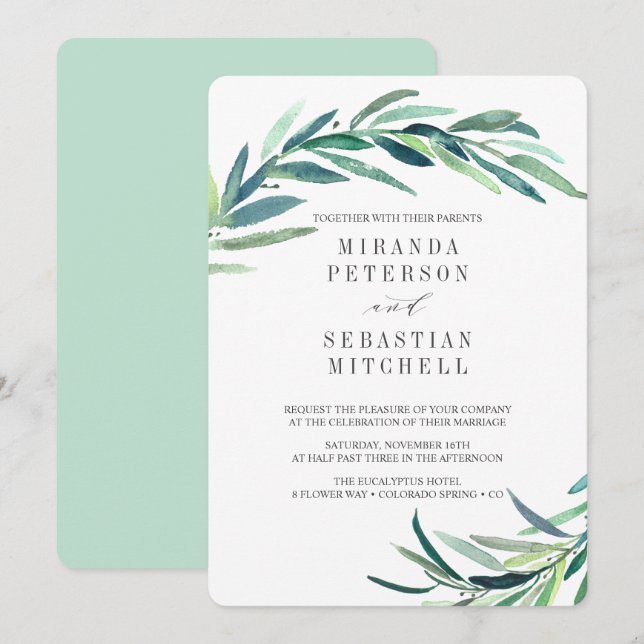 Invitation Fraîches Eucalyptus Branches Feuilles Mariage bota (Devant / Derrière)