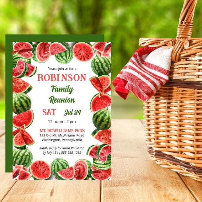 Invitation Fraîches pastèques d'été Code QR Réunion familiale (Fresh Summer Watermelons Frame | Back QR Code Family Reunion Invitation)