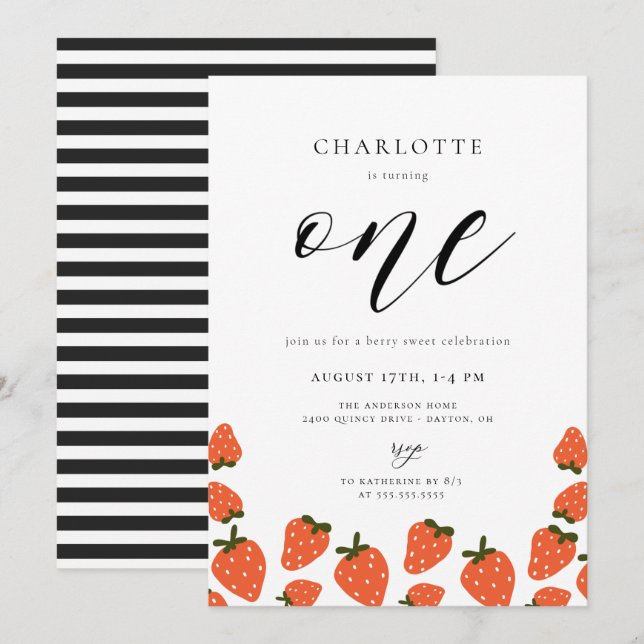 Invitation Fraise 1er anniversaire (Devant / Derrière)