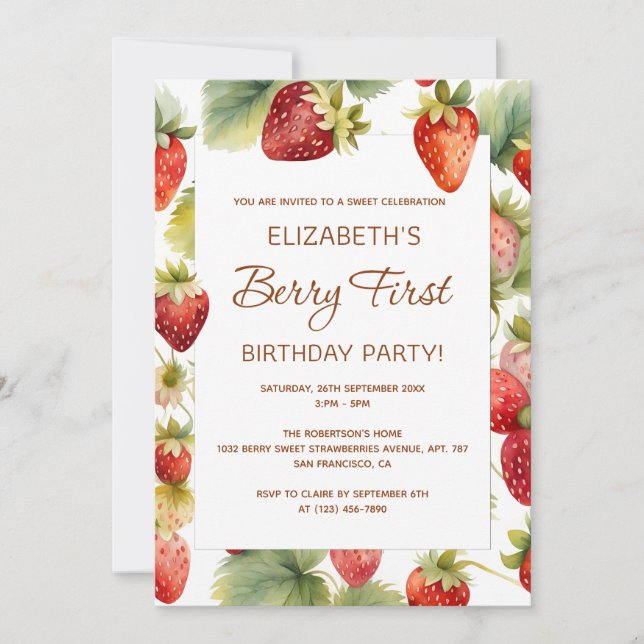 Invitation Fraise 1er anniversaire Berry Premier anniversaire (Devant)