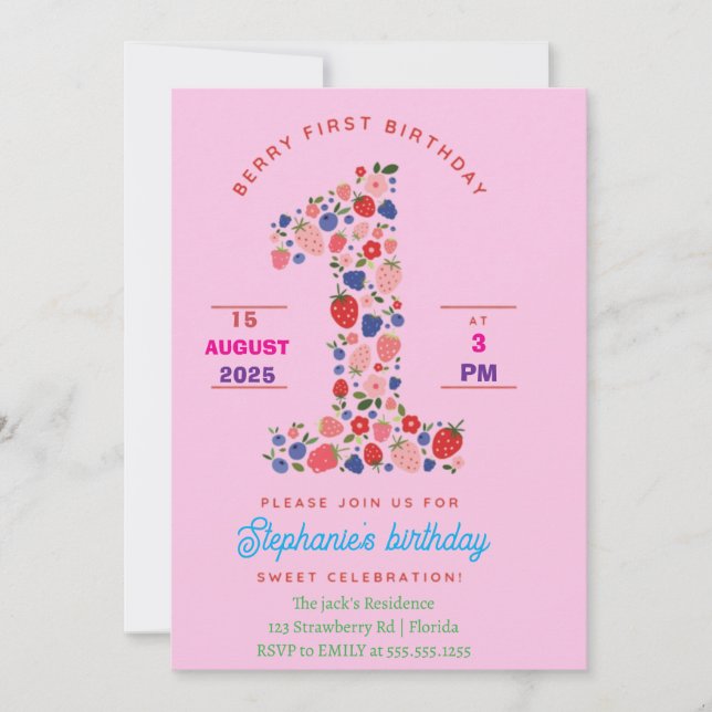 Invitation Fraise 1er anniversaire fête Berry 1er (Devant)