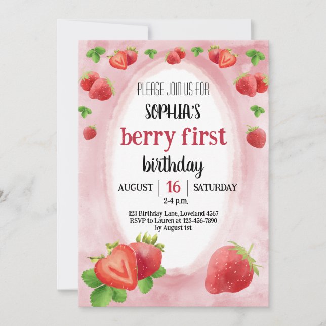 Invitation Fraise 1er Anniversaire Fête Berry doux (Devant)