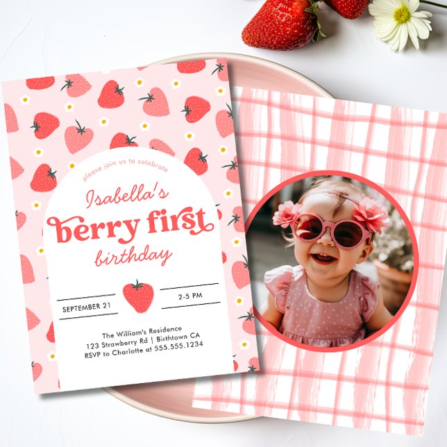 Invitation Fraise 1er Anniversaire Fête Berry Première photo (Créateur téléchargé)