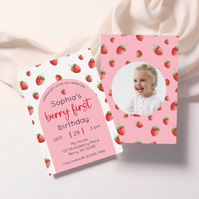 Invitation Fraise 1er Anniversaire Fête Berry Première photo (Créateur téléchargé)