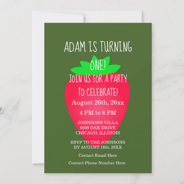 Invitation Fraise 1er Anniversaire Fête Rouge Vert Custom Age (Devant)
