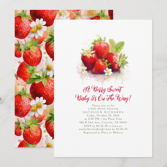 Invitation Fraise A Berry Sweet Baby Girl Baby shower (Devant / Derrière)