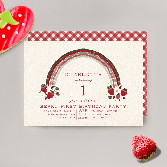 Invitation Fraise arc-en-ciel En vichy premier anniversaire (Créateur téléchargé)