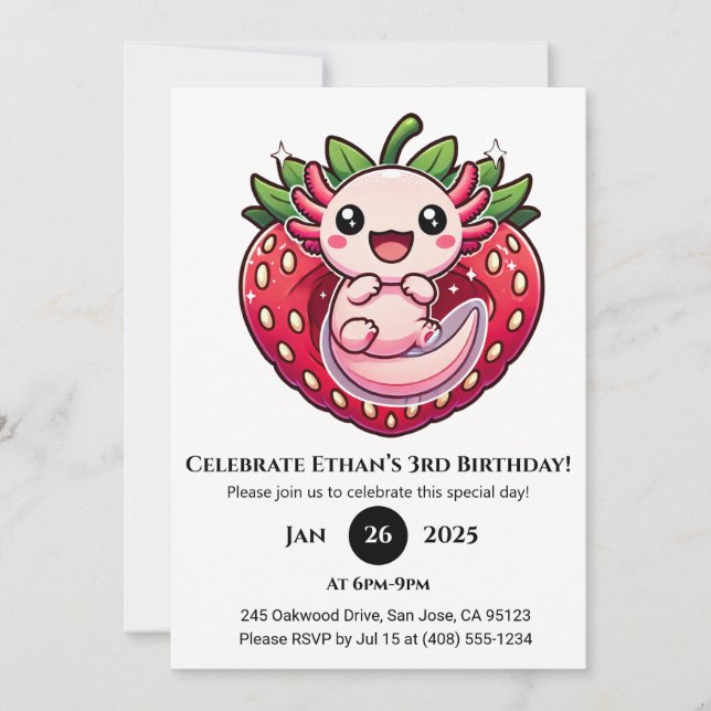 Invitation Fraise Axolotl Joie Anniversaire (Devant)