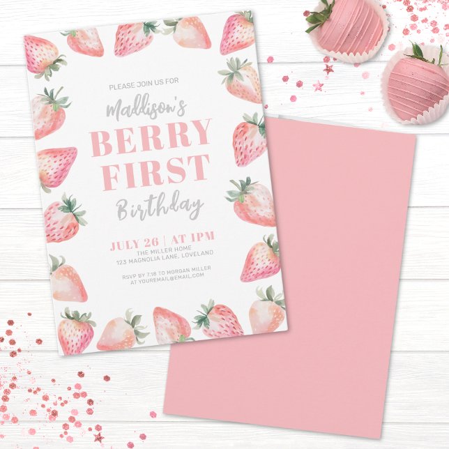 Invitation Fraise Berry 1ère fête d'anniversaire (Strawberry Berry Sweet Baby Shower Invitation)