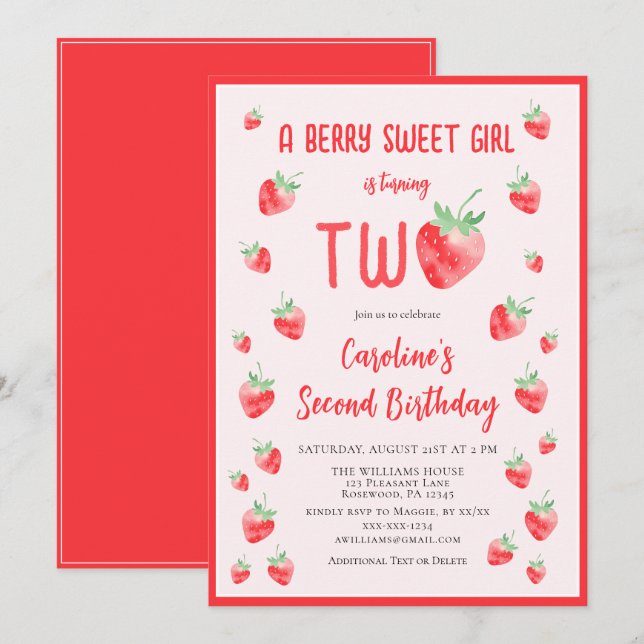 Invitation Fraise Berry été Sweet Second Girl Anniversaire (Devant / Derrière)