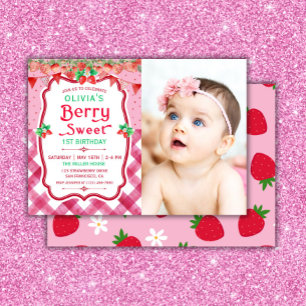Invitation Fraise Berry Premier anniversaire Photo Fille fête