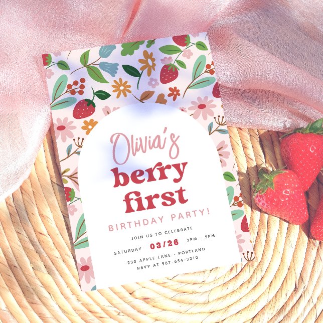 Invitation Fraise Berry Première fête d'anniversaire (Card Front Mock-up)
