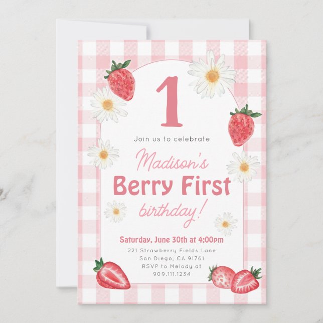 Invitation Fraise Berry Première fête d'anniversaire Invitati (Devant)