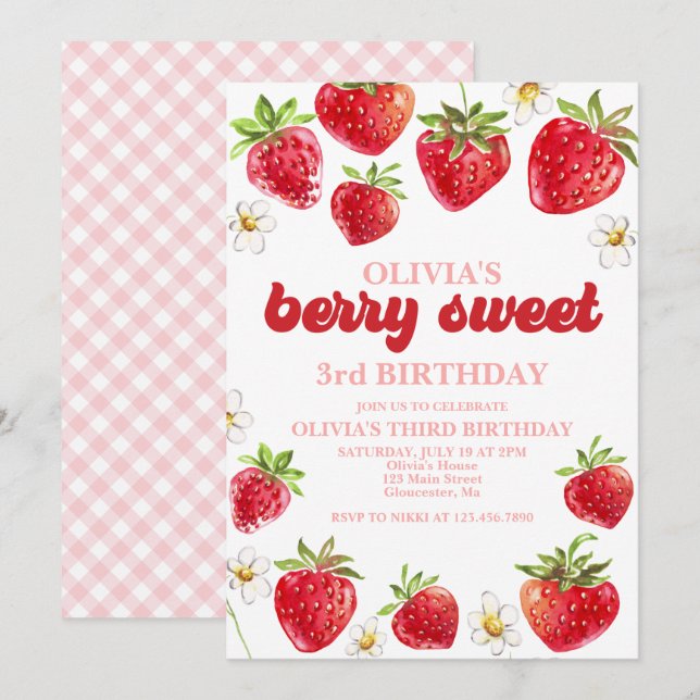 Invitation Fraise Berry Sweet Anniversaire (Devant / Derrière)