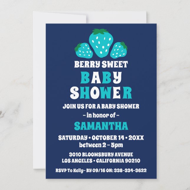 Invitation Fraise Berry Sweet Blue Boy Baby shower (Devant)