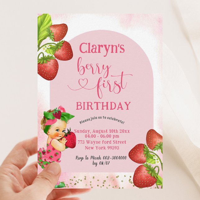 Invitation Fraise Berry Sweet Premier Anniversaire Blonde Gir (Créateur téléchargé)