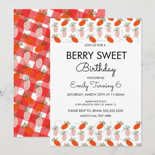 Invitation Fraise blanc Doodle rose blanc Anniversaire (Devant / Derrière)